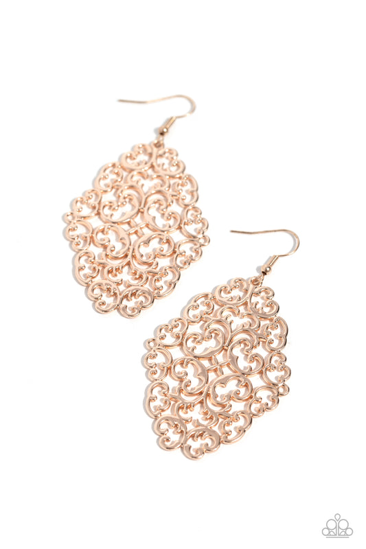 Contemporary Courtyards Rose Gold Earrings Paparazzi